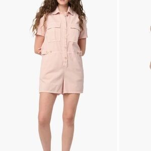 BLANKNYC Short Sleeve Cotton Utility Romper in Pink and White Stripes.Size S